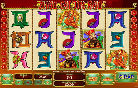 La pantalla de juego de la slot Zhao Cai Jin Bao de Playtech. Se ven varios símbolos al azar repartidos por los carretes.
