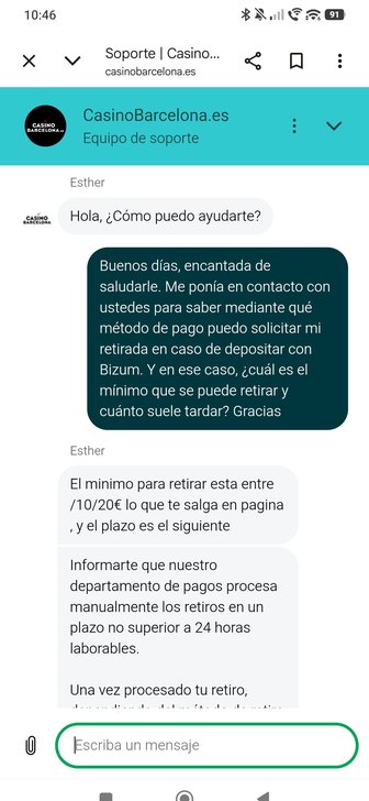 Chat de atención al cliente de Casino Barcelona abierto en el móvil durante nuestra prueba