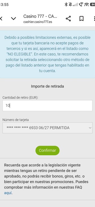 Pantalla de retirada de Casino777 con un importe de 10€ y la tarjeta bancaria marcada como PERMITIDA