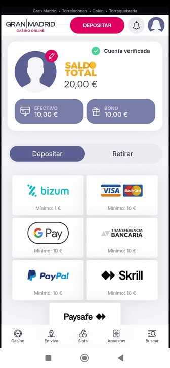 Saldo extra semanal de 10€ acreditado en la app de Gran Madrid Casino Online