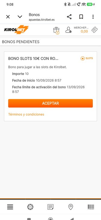 Bono de 10€ para slots pendiente de activación en la cuenta de prueba de Kirolbet, visto en la web móvil