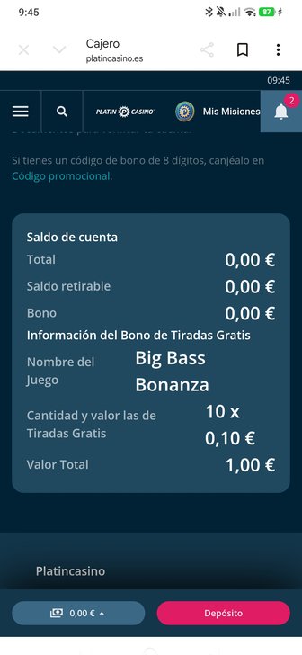 Bono de 10 tiradas gratis sin depósito para Big Bass Bonanza en el cajero de Platincasino
