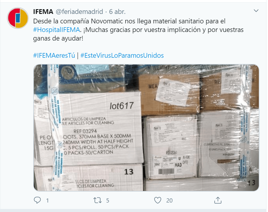Tuit de IFEMA agradeciendo a Novomatic la donación de mascarillas.