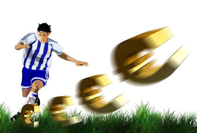 Dibujo de un jugador de fútbol golpeando el símbolo del euro.