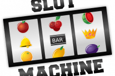 Diseño esquemático del rodillo de una tragaperras de casino con los símbolos de las frutas, el BAR y una corona.