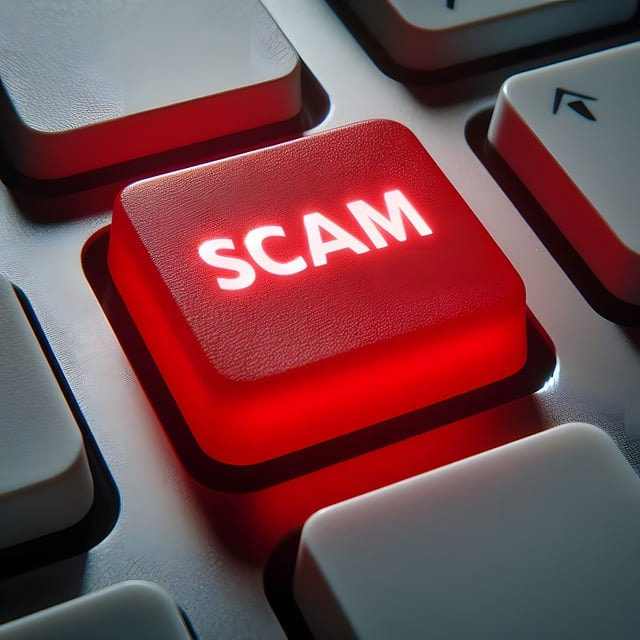 Botón rojo de un teclado con la palabra scam.