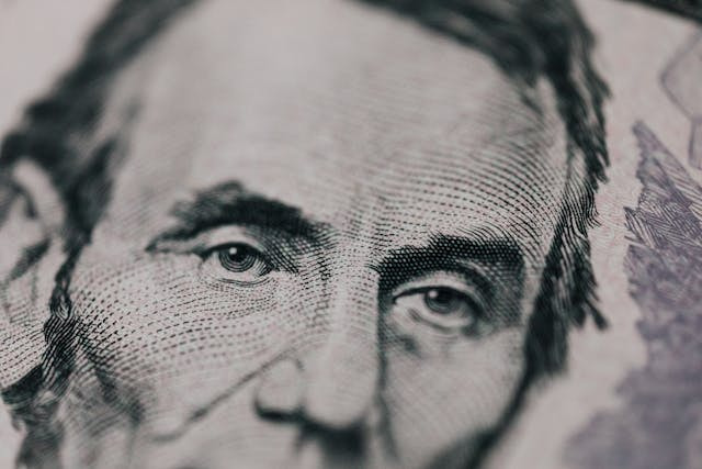 Cara de Abraham Lincoln en un fragmento de billete de 5 dólares estadounidenses.