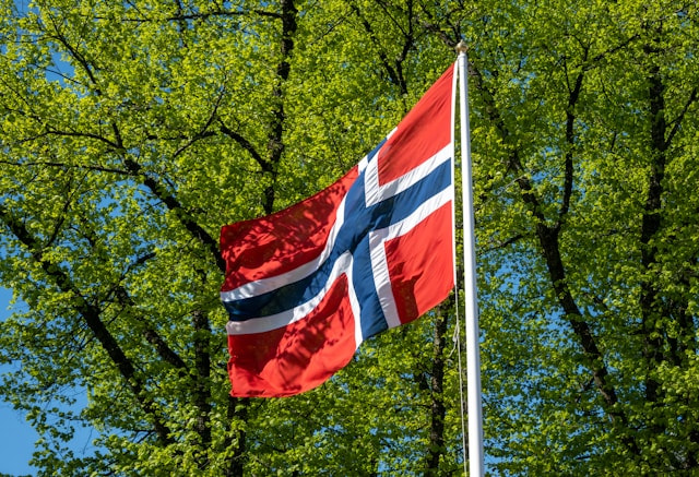 Bandera de Noruega ondeando delante de unos árboles.