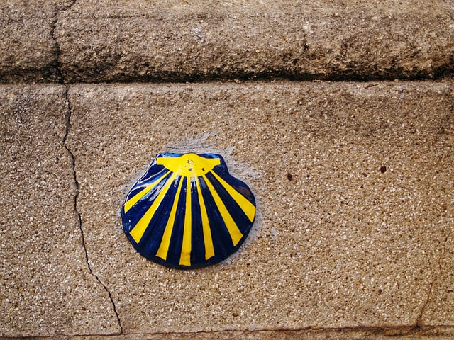La concha del peregrino de Santiago de Compostela sobre una pared.
