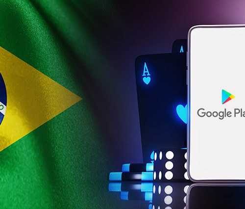 Móvil con el logo de Google Play junto a unas cartas de póker y la bandera de Brasil.
