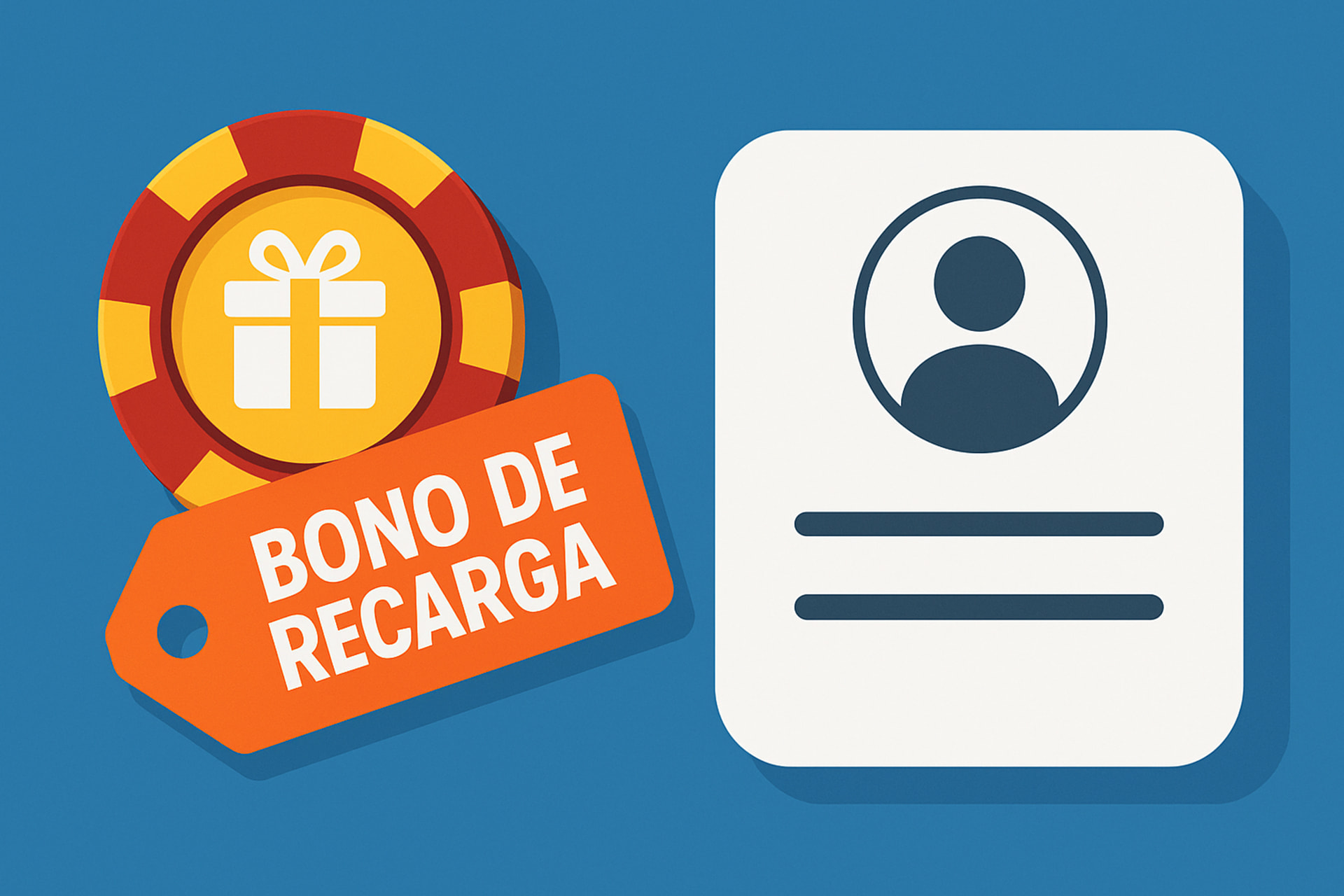 Ficha de casino con etiqueta de bono de recarga junto a ícono de perfil de usuario.