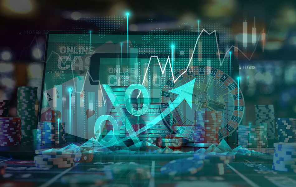 Gráfico de crecimiento del juego online con elementos de casino y tecnología.
