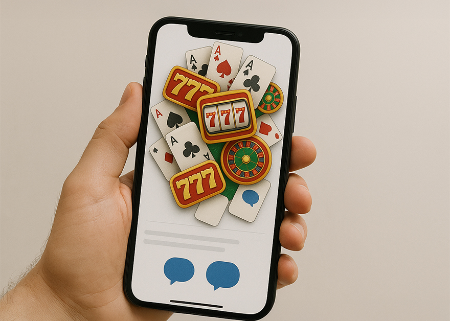 Pantalla de móvil con íconos de casino como cartas, ruleta y tragamonedas.