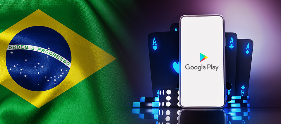 Móvil con el logo de Google Play junto a unas cartas de póker y la bandera de Brasil.