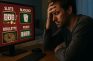 Hombre agotado frente a pantalla con juegos de casino como slots, blackjack y póker.