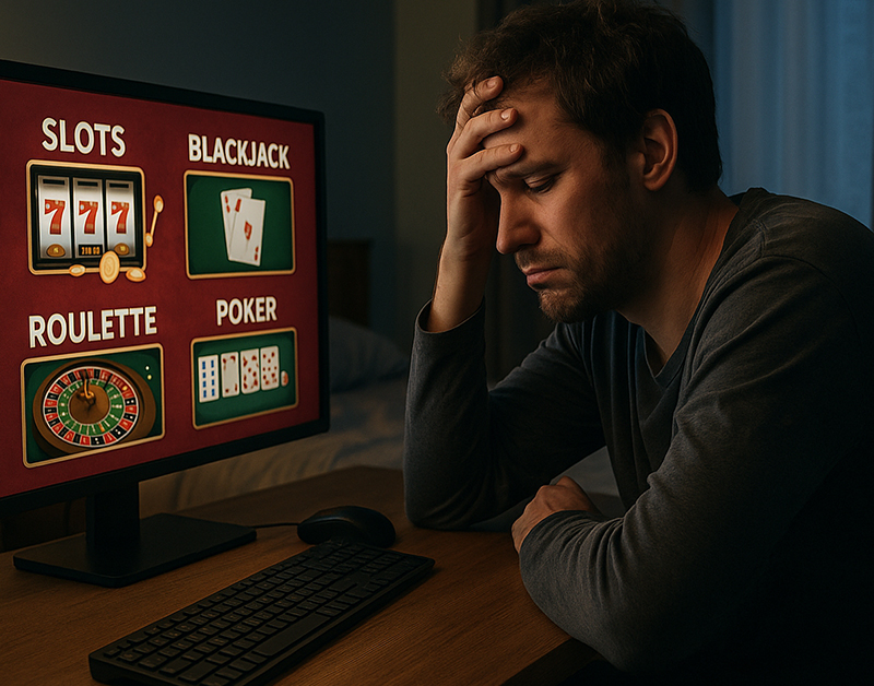 Hombre agotado frente a pantalla con juegos de casino como slots, blackjack y póker.