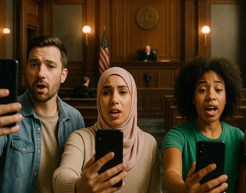 Tres influencers grabando en una sala de juicio mientras muestran sorpresa o preocupación.
