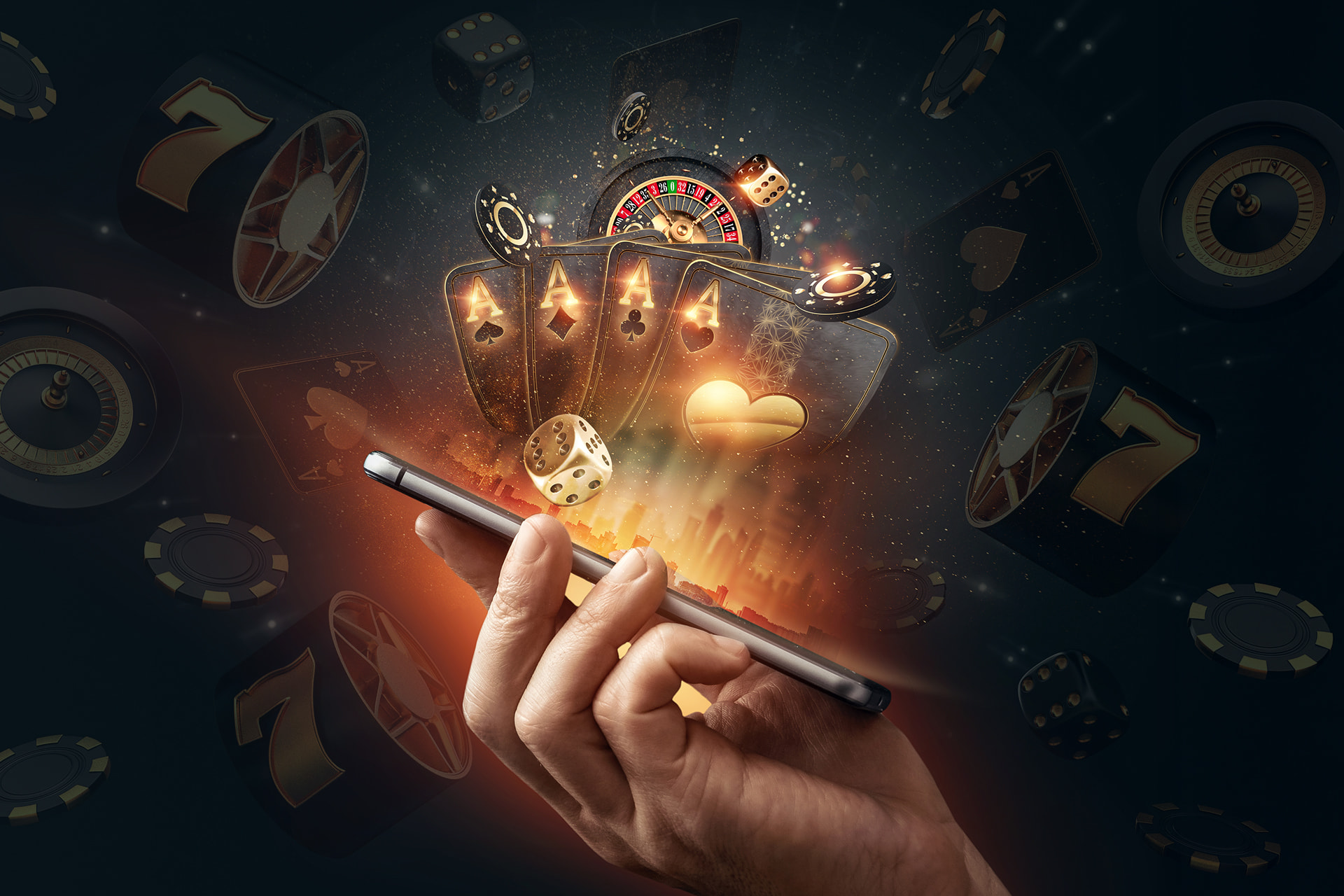 Teléfono móvil del que salen dados, cartas de póker, ruletas y fichas de casino.