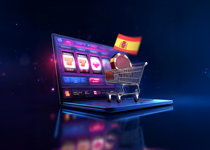 Carrito con fichas de casino sobre una tragaperras digital y bandera de España.
