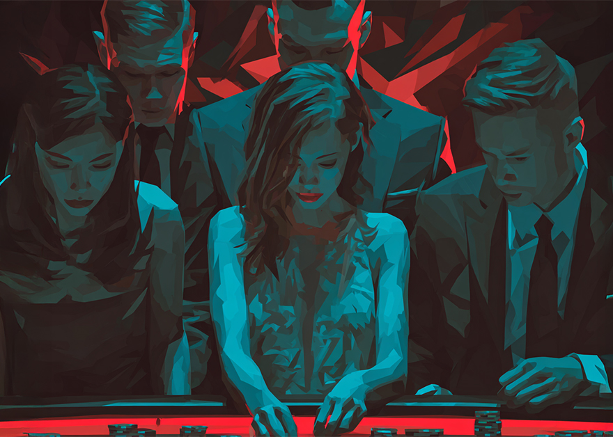 Grupo de personas en mesa de casino con una mujer en el centro y hombres alrededor.