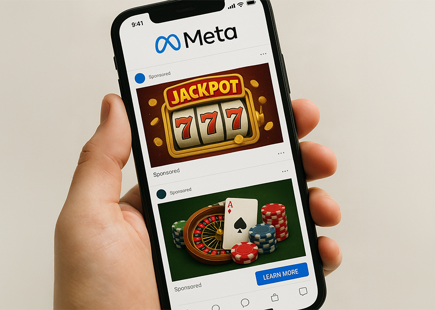 Teléfono móvil con anuncios de casino en la app de Meta.