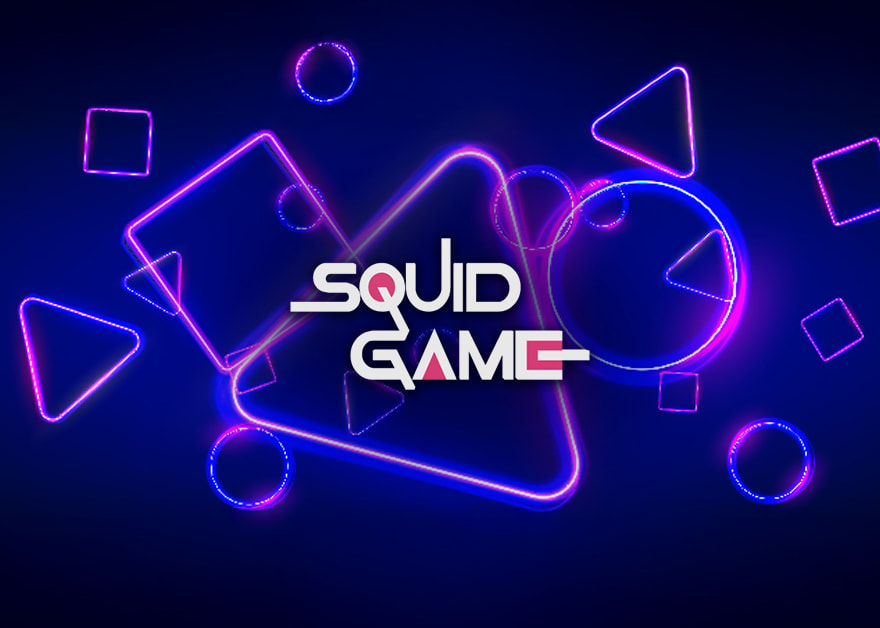 Logo de la serie El Juego del Calamar y símbolos de juego.