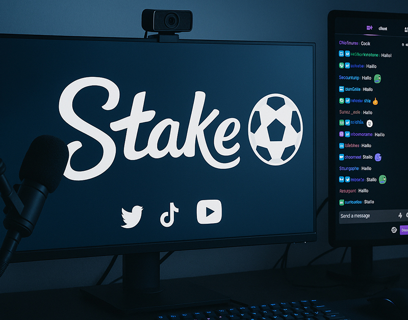 Pantalla con el logo de Stake y redes sociales junto a chat en vivo en Twitch.