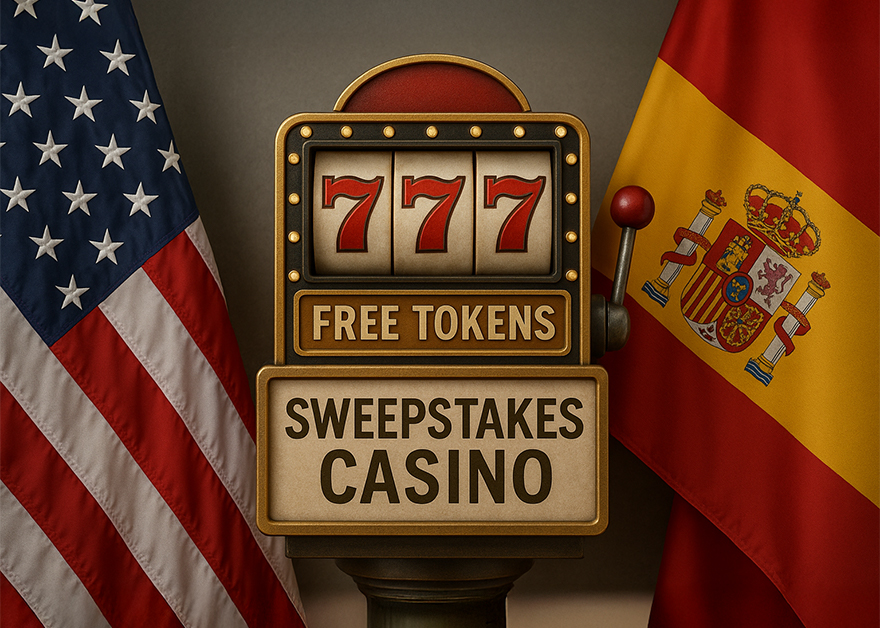 Máquina de sweepstakes con fichas gratis entre banderas de EE.UU. y España.
