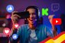 Streamer celebrando frente al móvil con íconos de Twitch, Kick y YouTube.