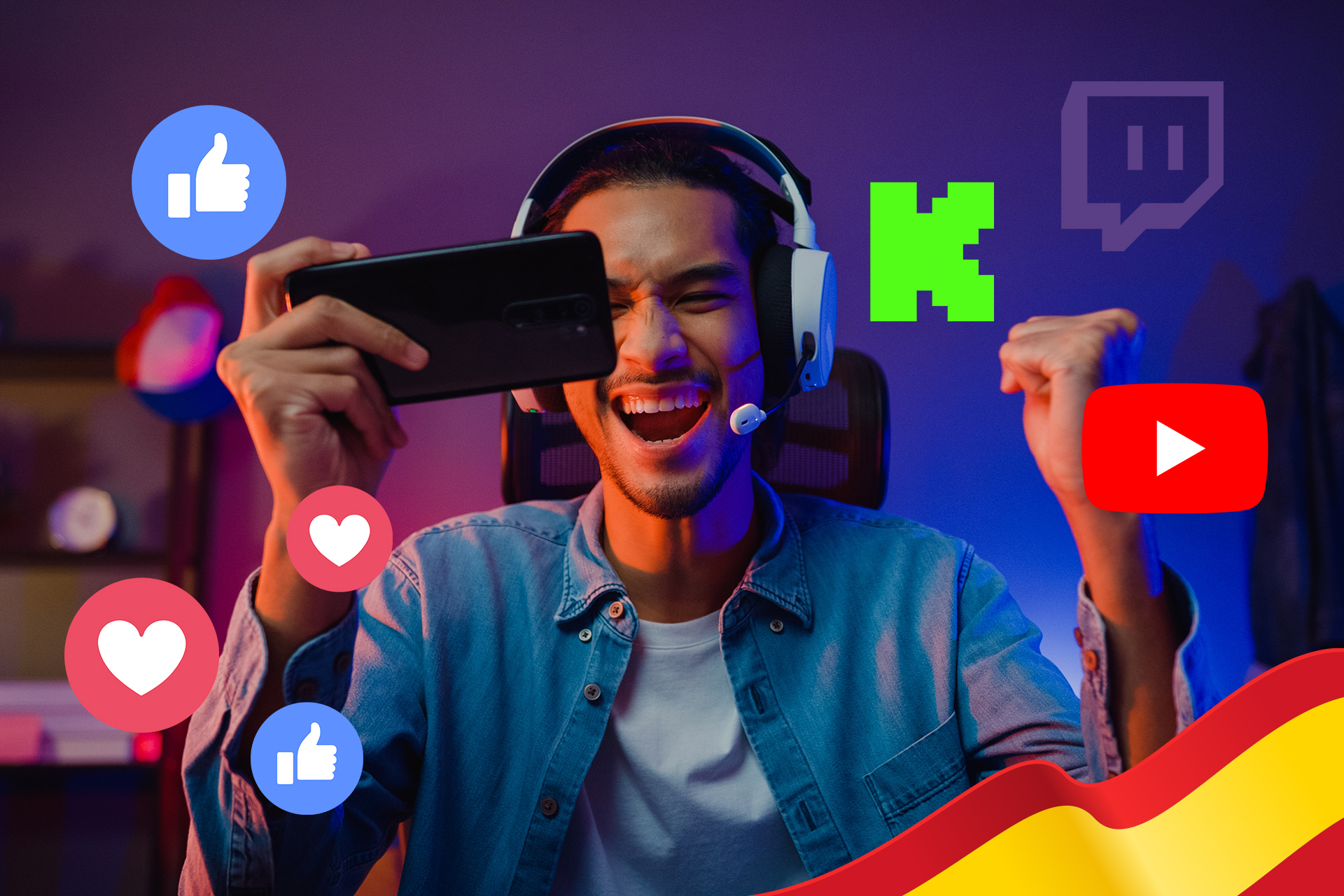 Streamer celebrando frente al móvil con íconos de Twitch, Kick y YouTube.