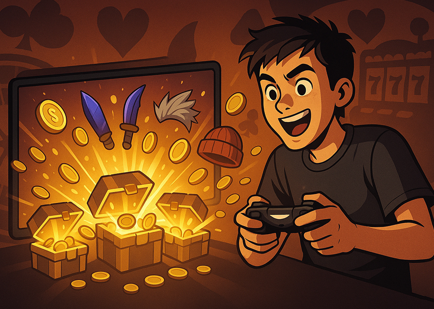 Jugador abriendo loot boxes con objetos brillantes y monedas virtuales