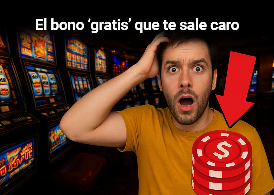 Un hombre que ha usado un bono gratis de casino preocupado ante unas slots.
