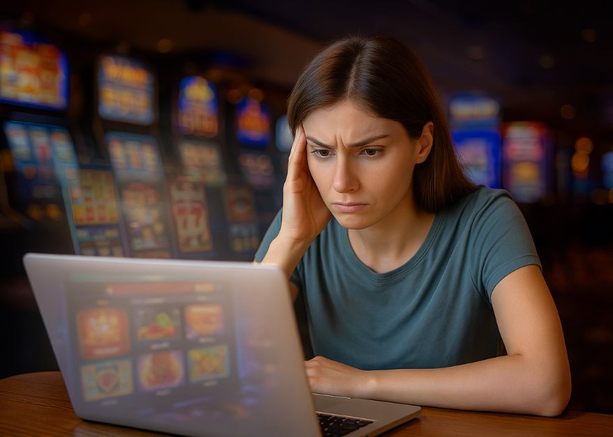 Mujer frente a su portátil con expresión de impaciencia mientras espera un pago de un casino online.