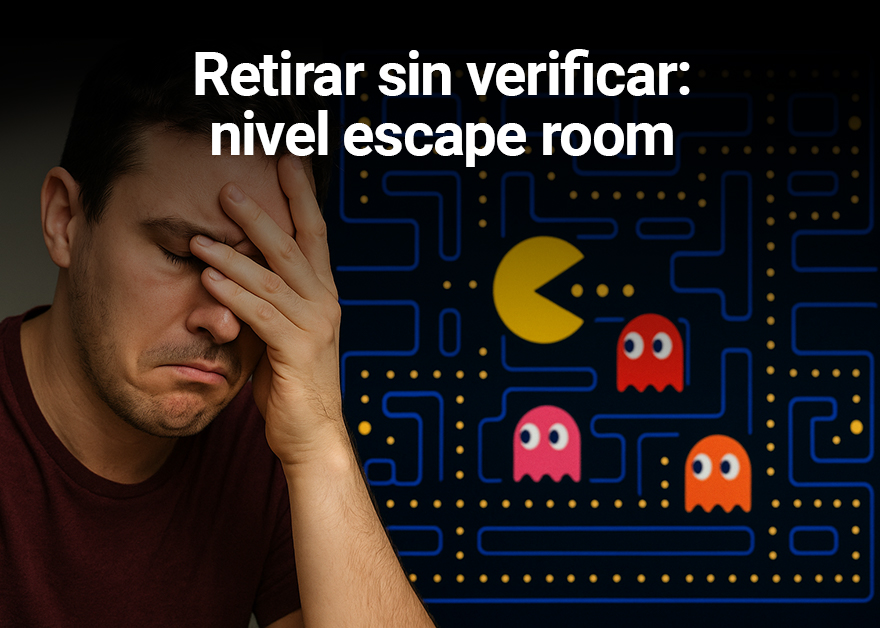 Persona frustrada ante el ordenador intentando retirar dinero de un casino.