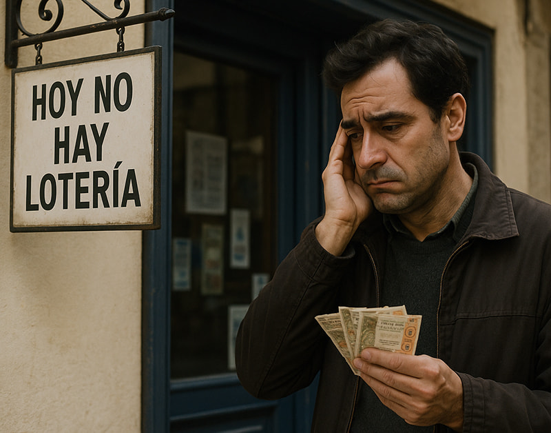 Hombre preocupado con boletos de lotería frente a cartel que dice “Hoy no hay lotería”.