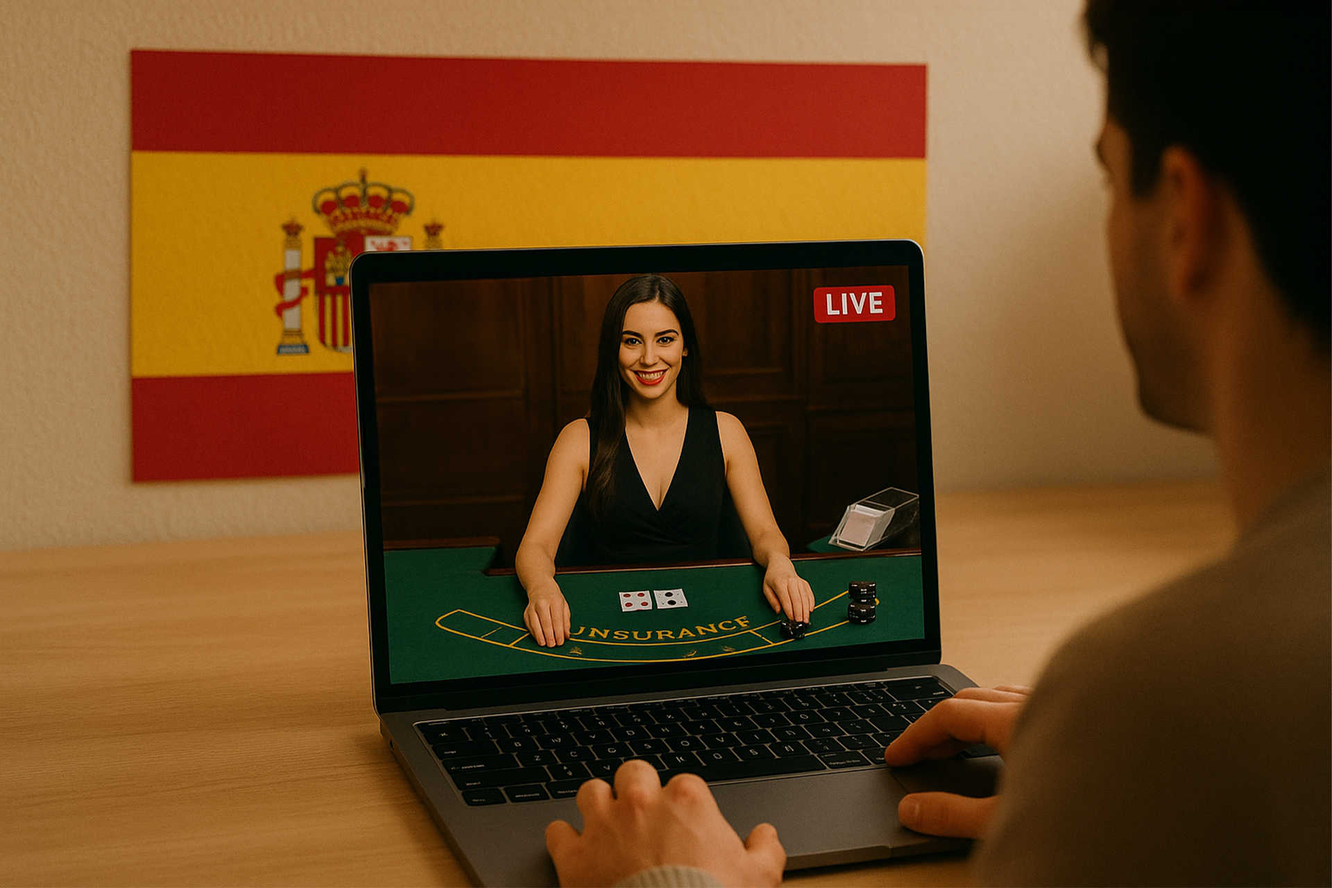 Persona jugando en una mesa en vivo con una bandera de España en una pared.
