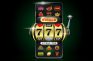 Tragamonedas digital en un teléfono móvil, mostrando premios y símbolos de casino.