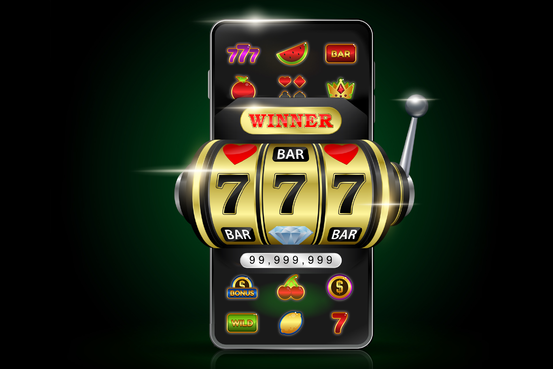 Tragamonedas digital en un teléfono móvil, mostrando premios y símbolos de casino.