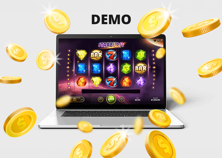 Demo de la slot Starburst en un portátil con monedas alrededor.