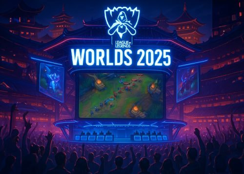 Pantalla gigante mostrando una partida de LoL ante un estadio lleno de gente.