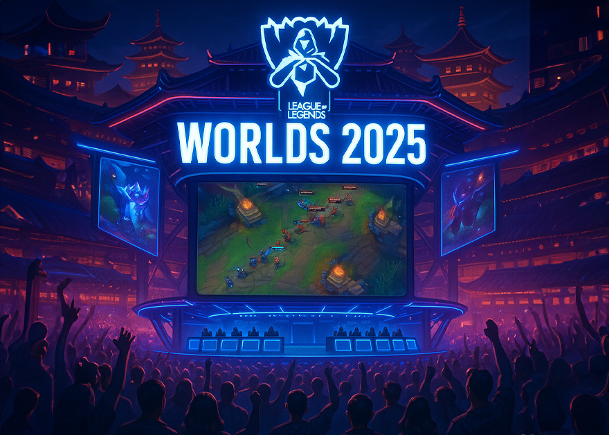 Pantalla gigante mostrando una partida de LoL ante un estadio lleno de gente.