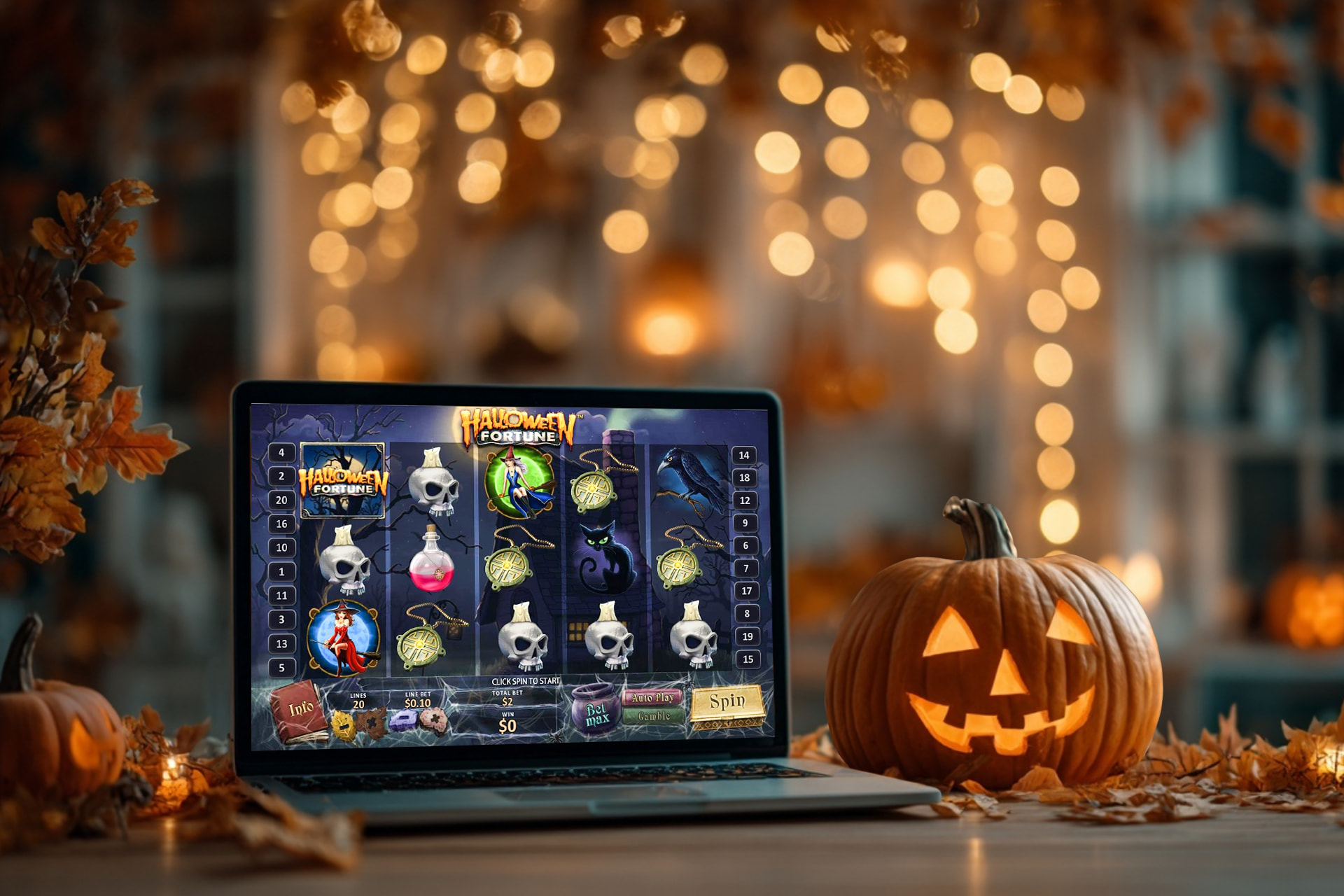 Una máquina tragaperras de Halloween con símbolos de calabazas en una pantalla de ordenador..