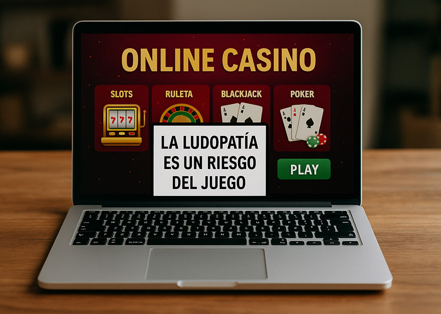 Pantalla de casino online en un portátil con mensaje de advertencia sobre ludopatía.