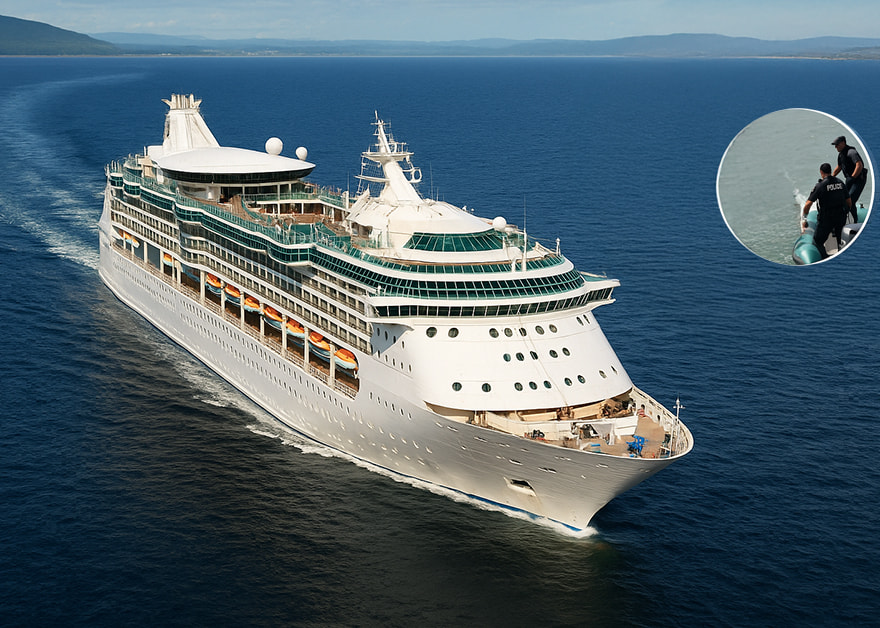 Crucero de casino navegando con detalle de policías a bordo, aludiendo a la deuda y problemas legales