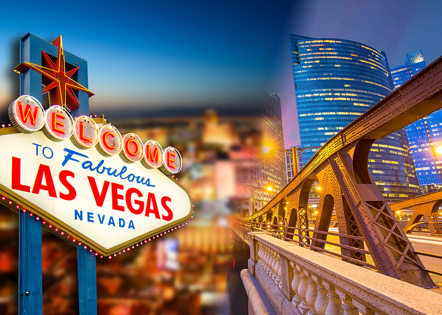 Rascacielos modernos junto al icónico cartel de Las Vegas.
