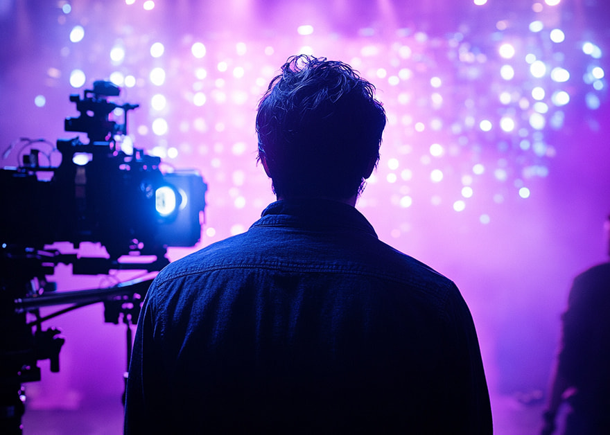 David Bustamante durante el rodaje de un anuncio de PlayUZU, con luces de fondo y ambiente de estudio.