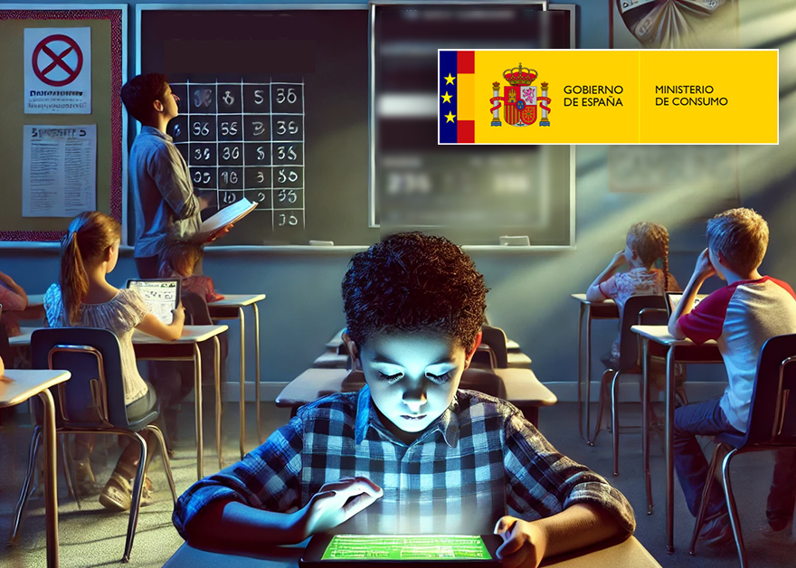 Niño usando una tablet en clase mientras se proyecta el logo del Ministerio de Consumo.