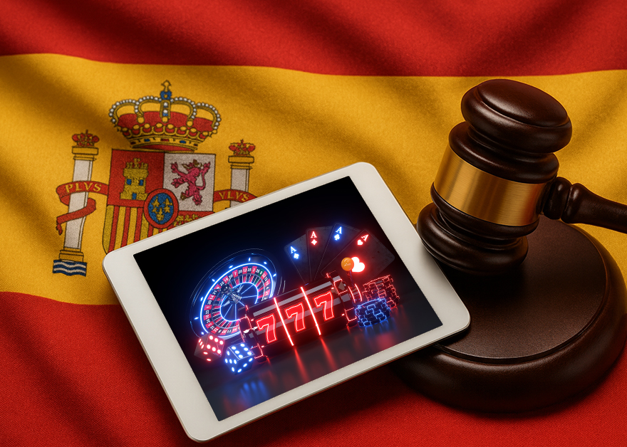 Tablet con símbolos de juego digital sobre bandera de España y mazo judicial.