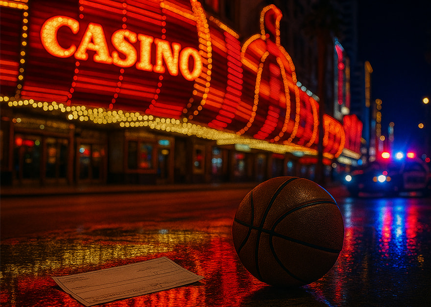 Balón de básquet y cheque abandonados frente a un casino iluminado en Las Vegas.