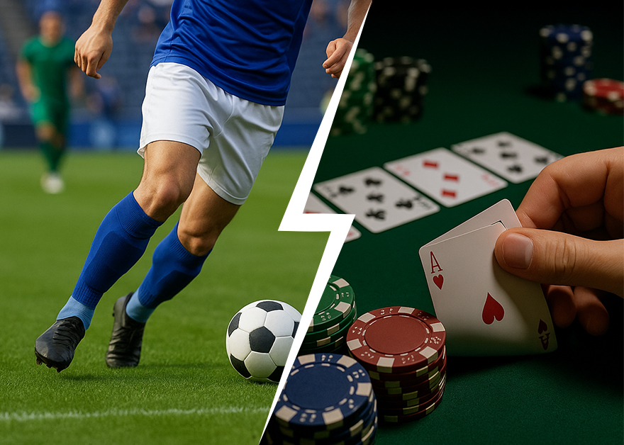 Montaje dividido entre un jugador de fútbol en cancha y una mano jugando póker con fichas.